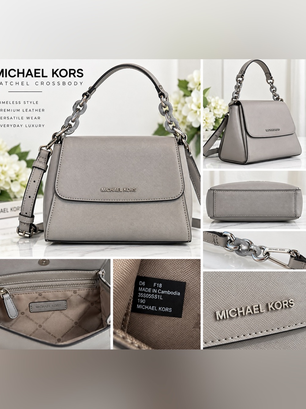 Michael Kors Gray Saffiano Leather Satchel Crossbody Bag Chain Strap Silver Hard